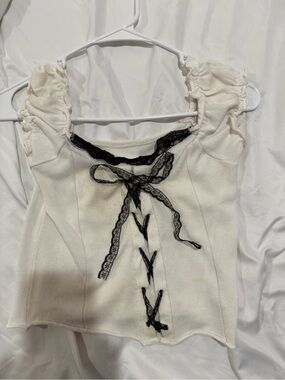 YesStyle Cream Tank Top with Black Lace Tie Detail